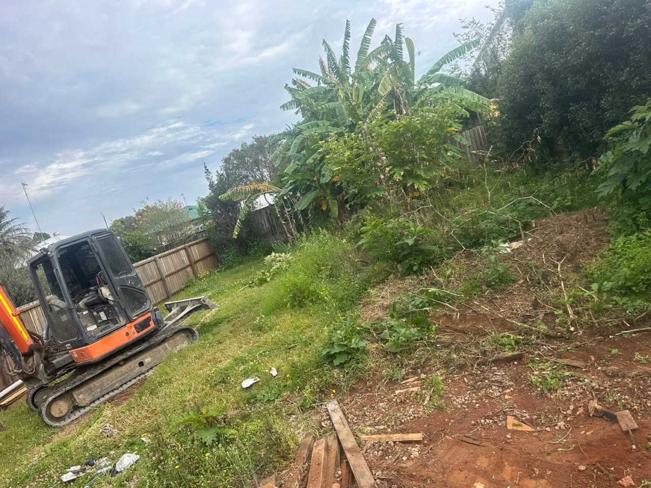 Excavator clearing an overgrown residential site